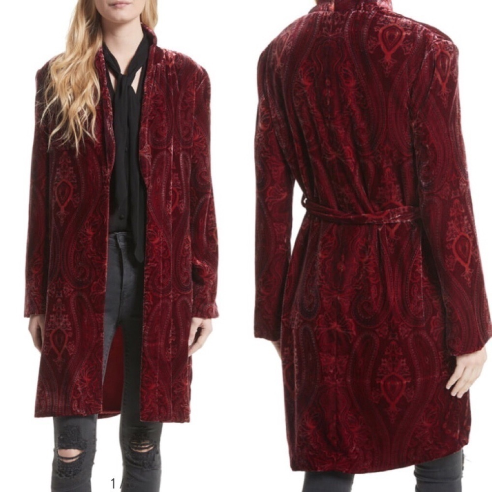 NWT~L’AGENCE Women Deep Red Paisley Cressida Velvet Robe Long Jacket Size XS